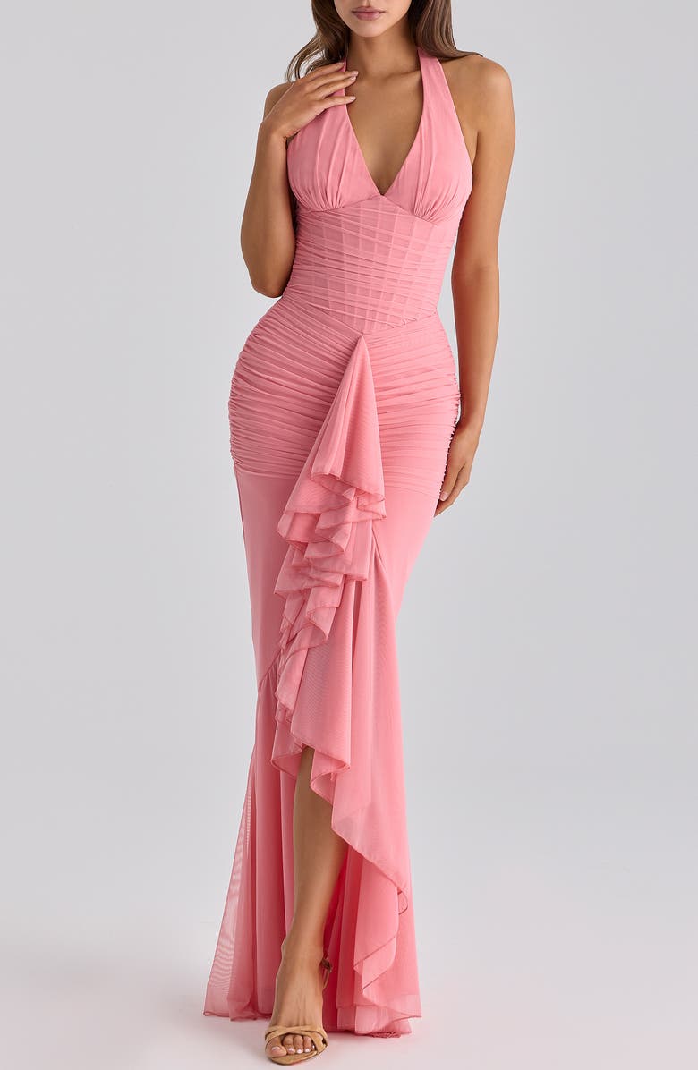 HOUSE OF CB Carmine Mesh Halter Neck Waterfall Gown, Alternate, color, Raspberry