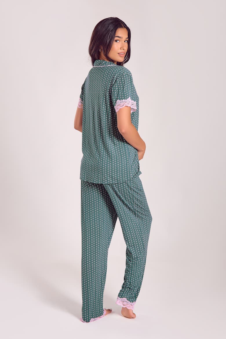 Viscose Lace-Trim Pajama Set with Cropped Pants, Alternate, color, Green-Pink