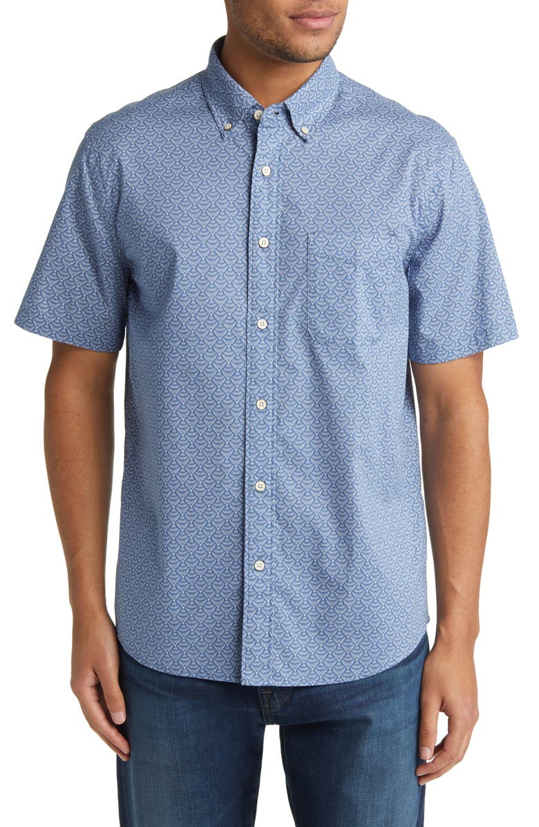 Faherty Playa Diamond Print Stretch Short Sleeve Organic Cotton Button-Down Shirt, Main, color, 