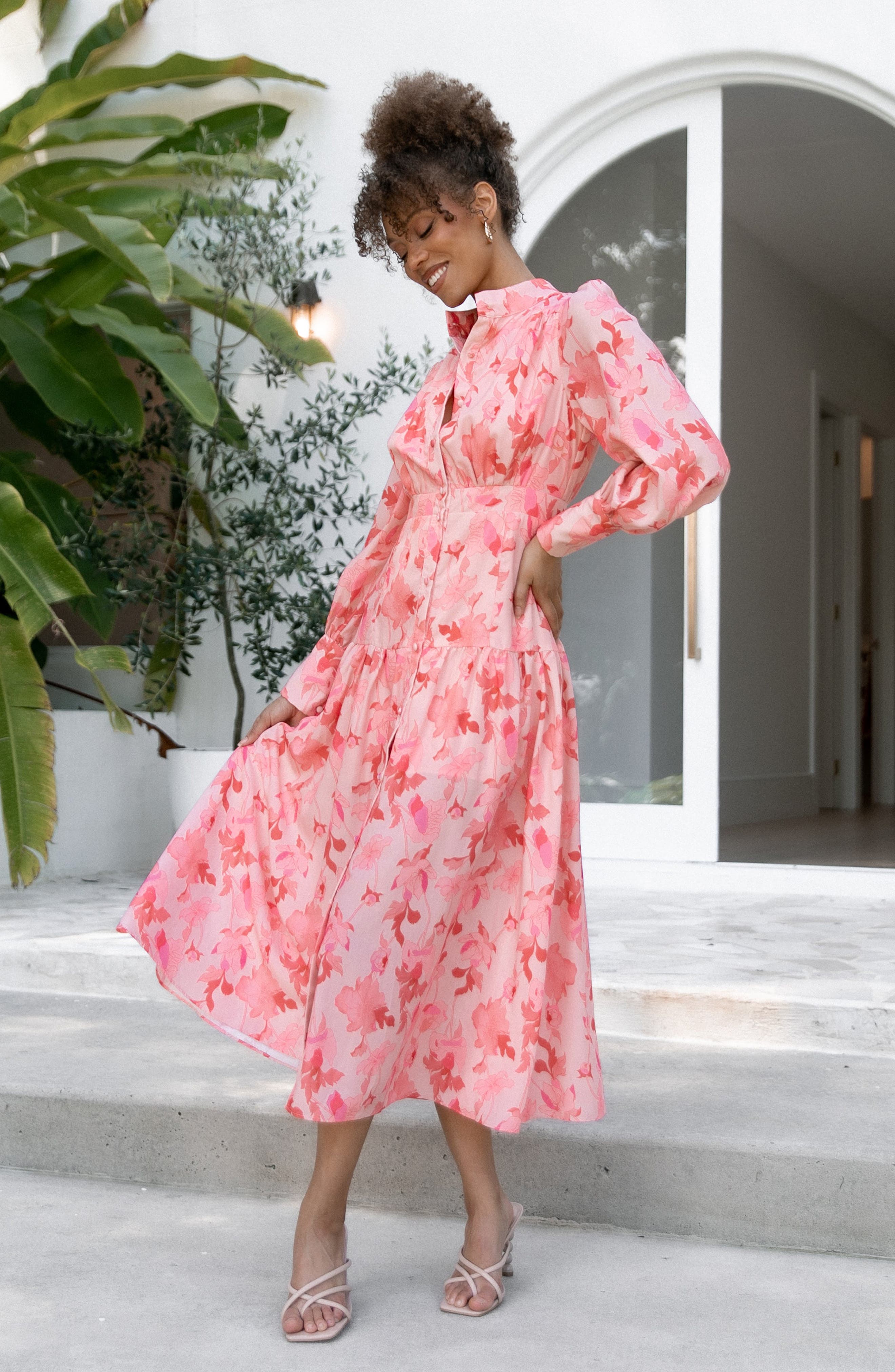 womens pink midi dress with sleeves The Evette Baby Pink Midi Dress - All Dresses