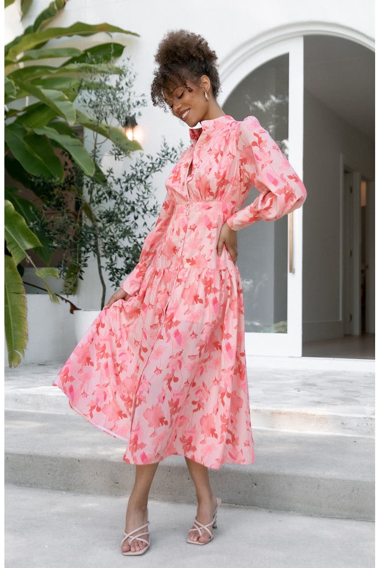 Forever Print Long Sleeve Tiered Midi Dress, Alternate, color, PINK