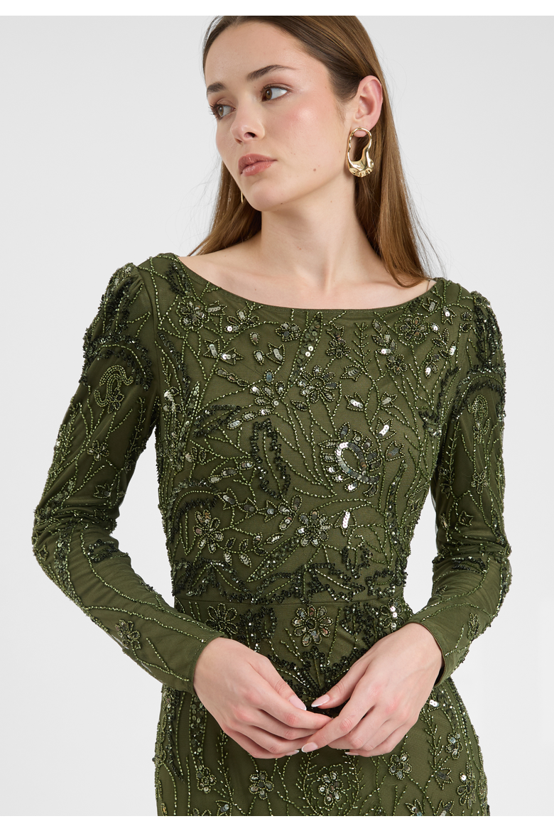 Modest Embellished Sequin Beaded Dress Maxi With Wide Neck, Alternate, color, OLIVE