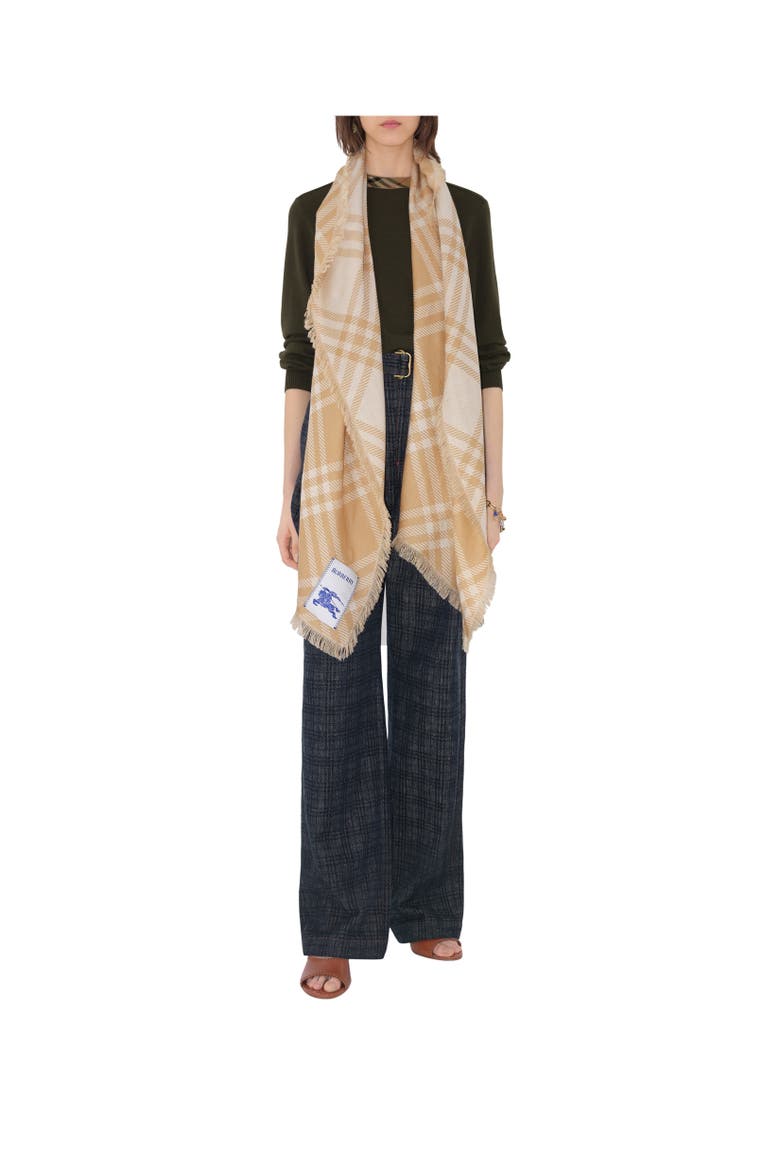 Wide Check Wool Silk Scarf, Alternate, color, Sand beige/ecru beige