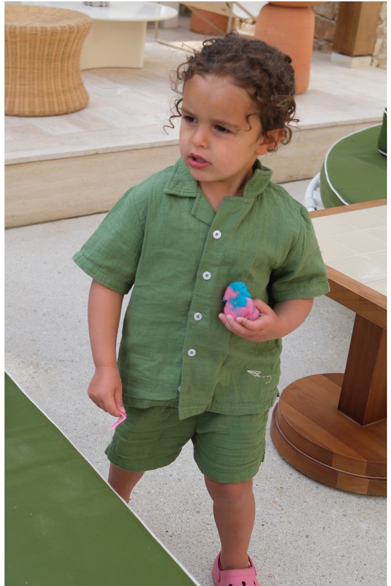 Kids' Green Cotton Muslin Camp Shirt & Drawstring Shorts Set, Alternate, color, GREEN