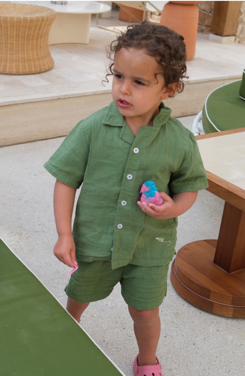 MUMZERS Kids' Green Cotton Muslin Camp Shirt & Drawstring Shorts Set, Alternate, color, Green