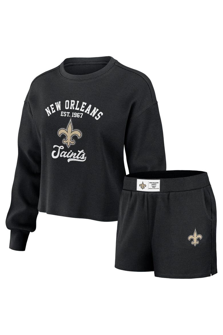 Women's WEAR by Erin Andrews Black New Orleans Saints Waffle Knit Long Sleeve T-Shirt & Shorts Lounge Set, Main, color, Black