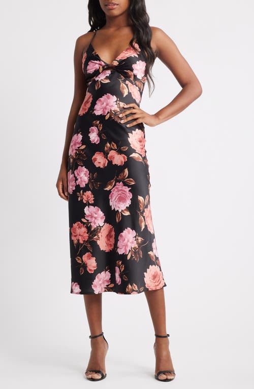 Emerald Sundae Floral Sprint Sleevless Satin Cocktail Dress in Black /Pink  product