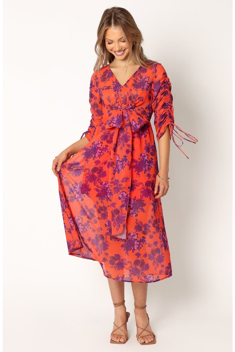 Hallie Floral Ruched Midi Dress, Alternate, color, RED WINE
