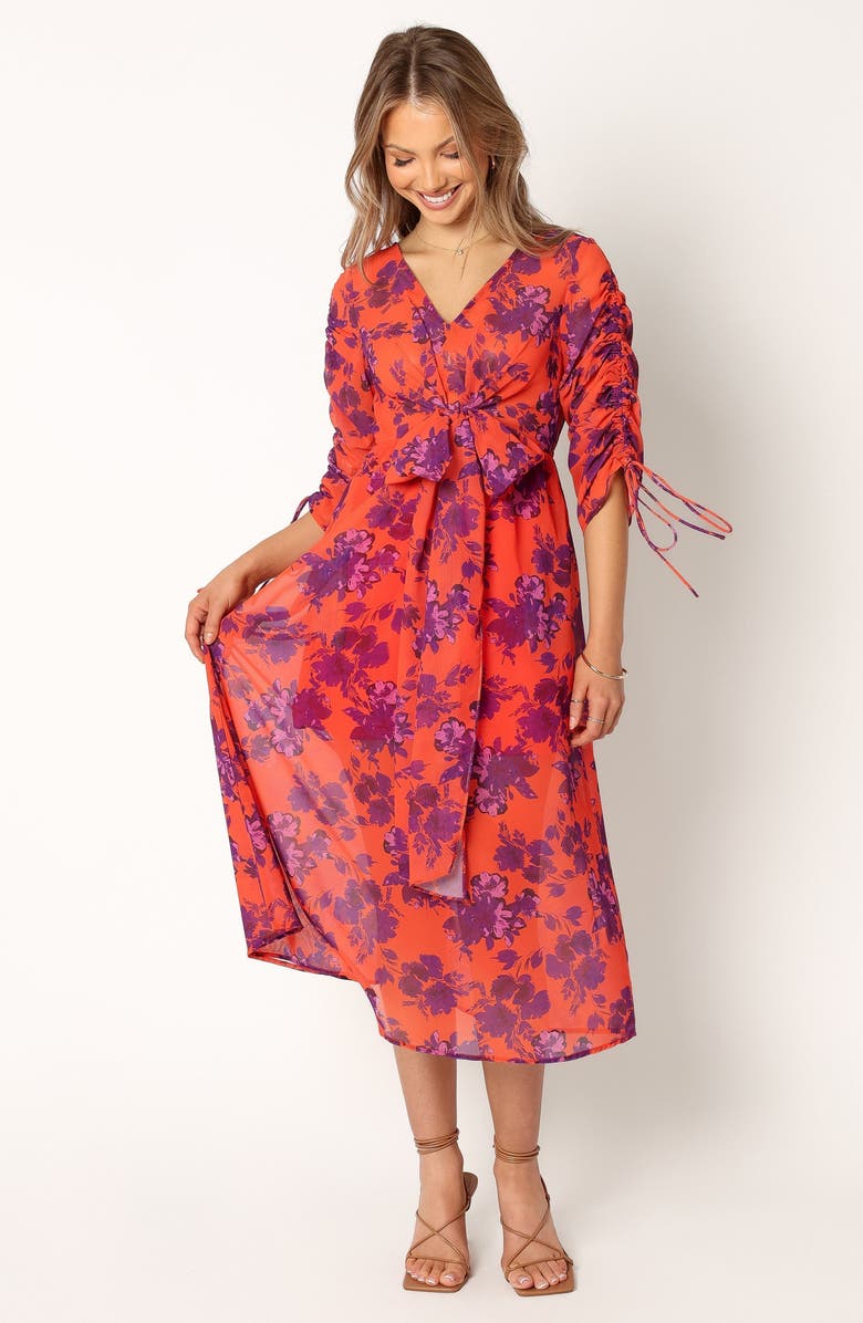 Petal & Pup Hallie Floral Ruched Midi Dress, Alternate, color, Red Wine