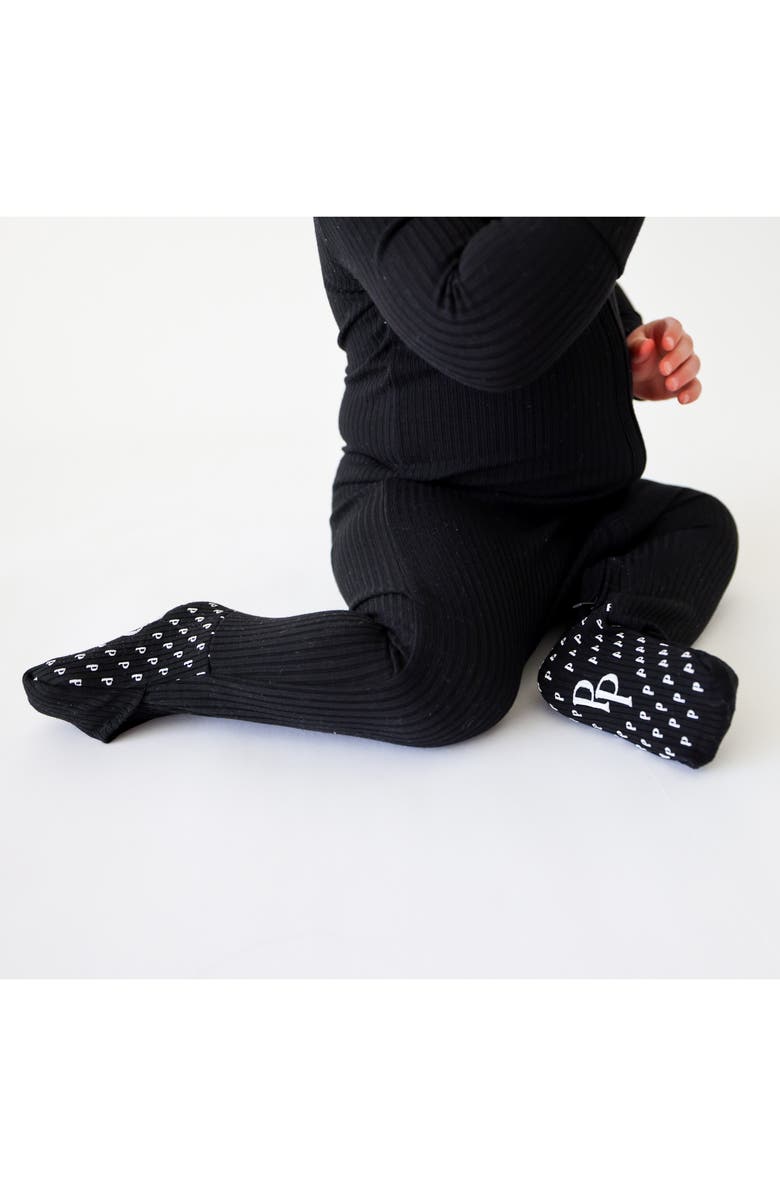 Posh Peanut Solid Black Fitted Rib Convertible Footie Pajamas, Alternate, color, Black