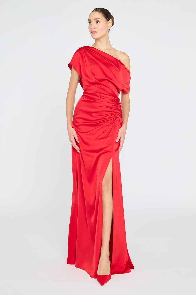 Kacey Asymmetrical Gown, Alternate, color, Poppy