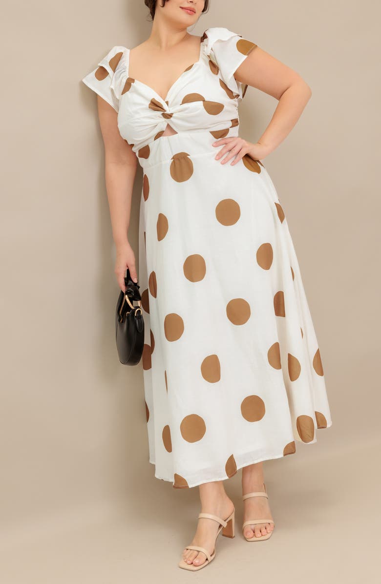 FLYING TOMATO Polka Dot Midi Dress, Alternate, color, Ivory/ Camel