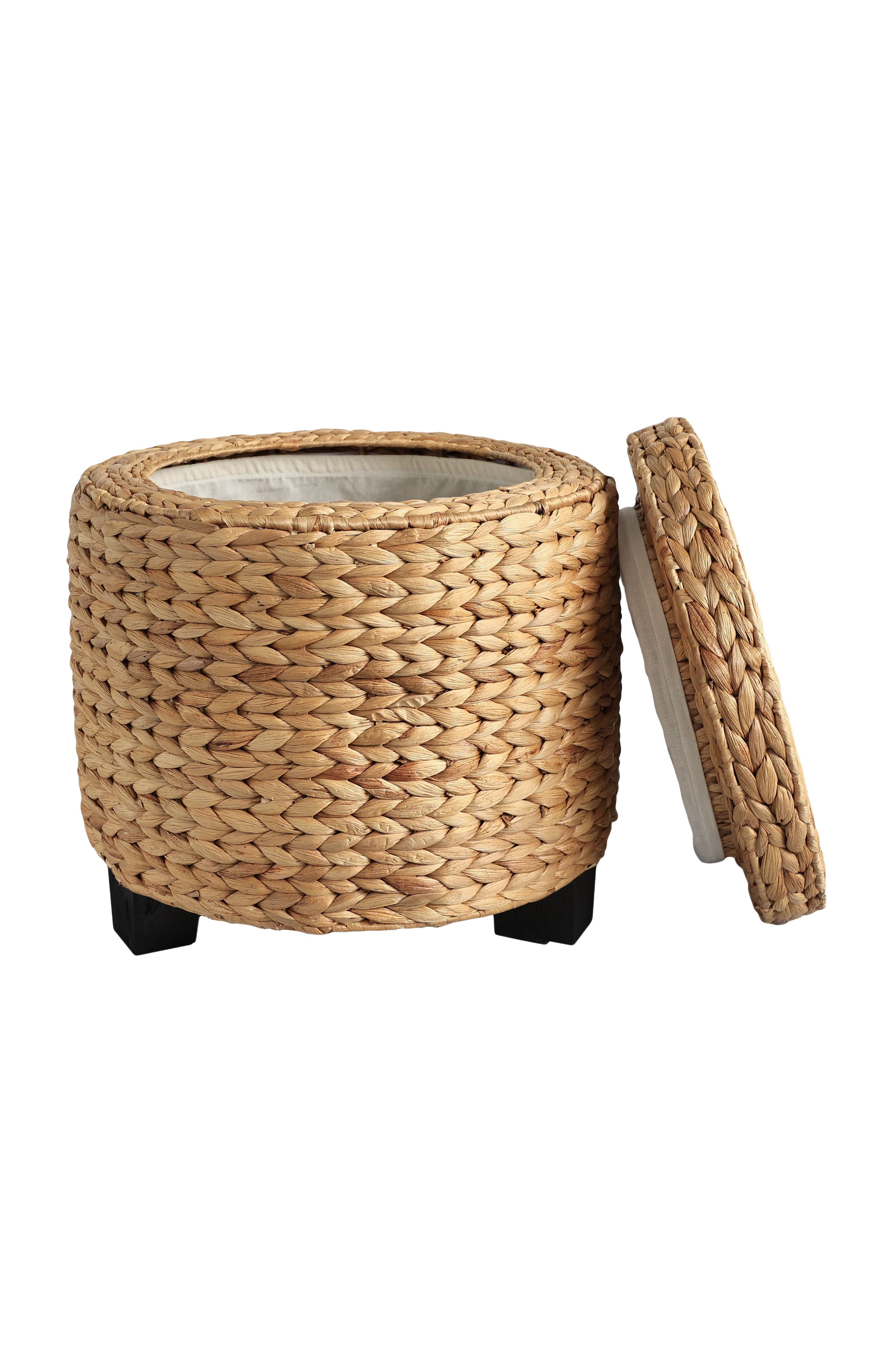 HAPPIMESS Addie 17.72" Modern Coastal Handwoven Water Hyacinth Storage Ottoman with Lid in Natural 
