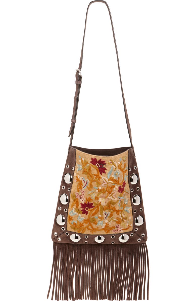 Valentino Garavani Small Nellcôte Fringe Stud Embroidered Crossbody Bag, Alternate, color, Brown/ Black