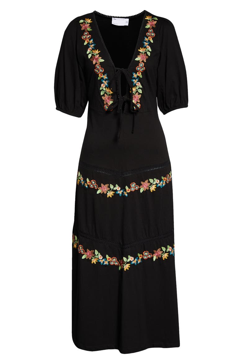 Floral Embroidered Cotton Midi Dress, Alternate, color, BLACK