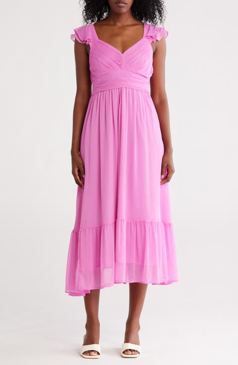 V-Neck Ruffle Chiffon Midi Dress