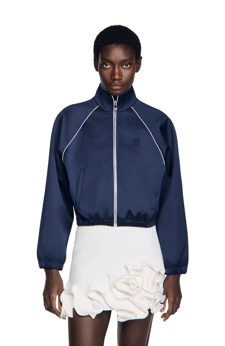 SANDRO Embroidered cropped satin jacket, Main, color, Navy / Black