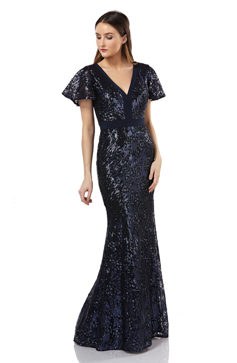 Carmen Marc Valvo Infusion Sequin Mermaid Gown, Alternate, color,