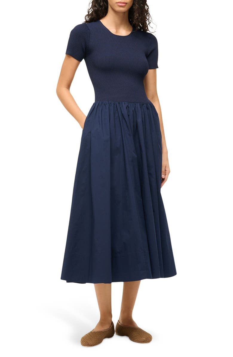 STAUD Laroquette Mixed Media Maxi Dress, Main, color,