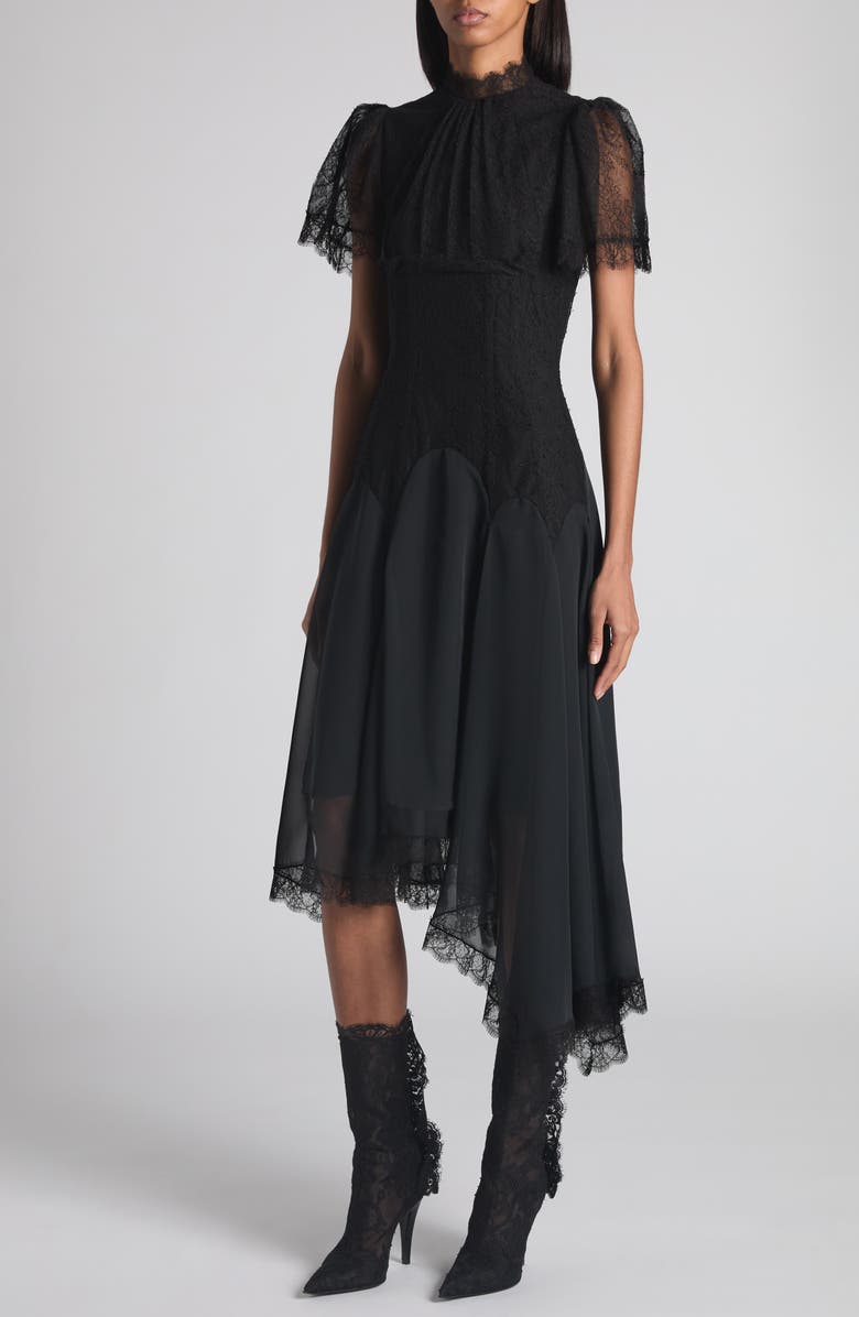 McQueen Floral Lace Asymmetric Evening Dress, Alternate, color, Black