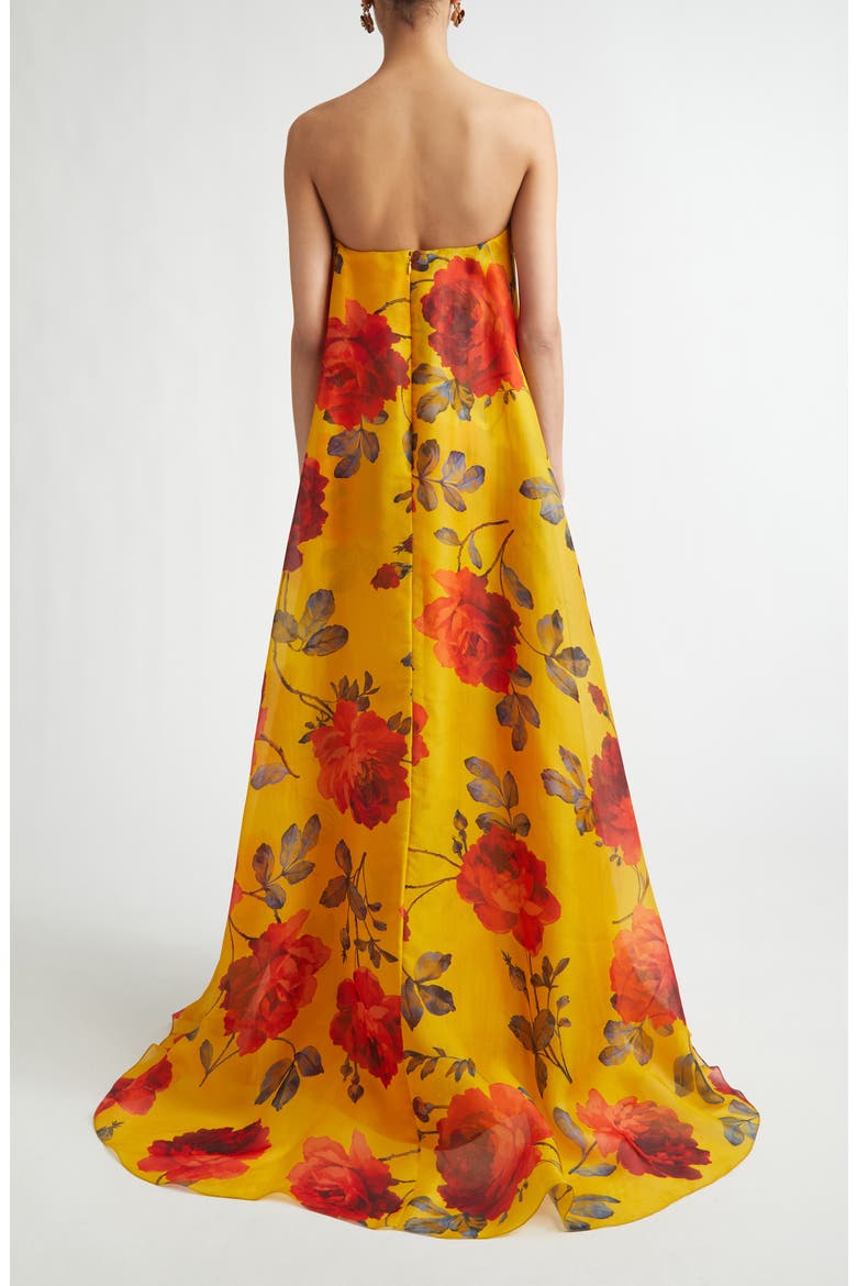 Rose Print Strapless Silk Organza Gown, Alternate, color, SAFFRON MULTI