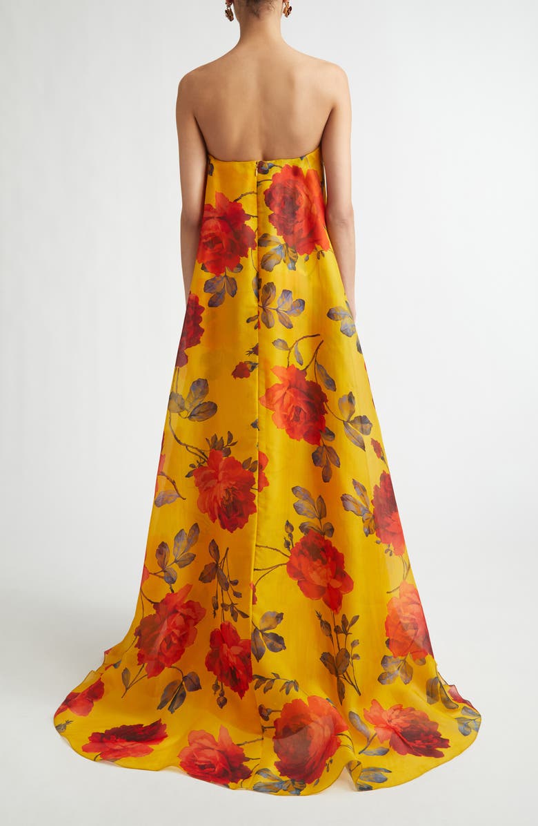 Carolina Herrera Rose Print Strapless Silk Organza Gown, Alternate, color, Saffron Multi