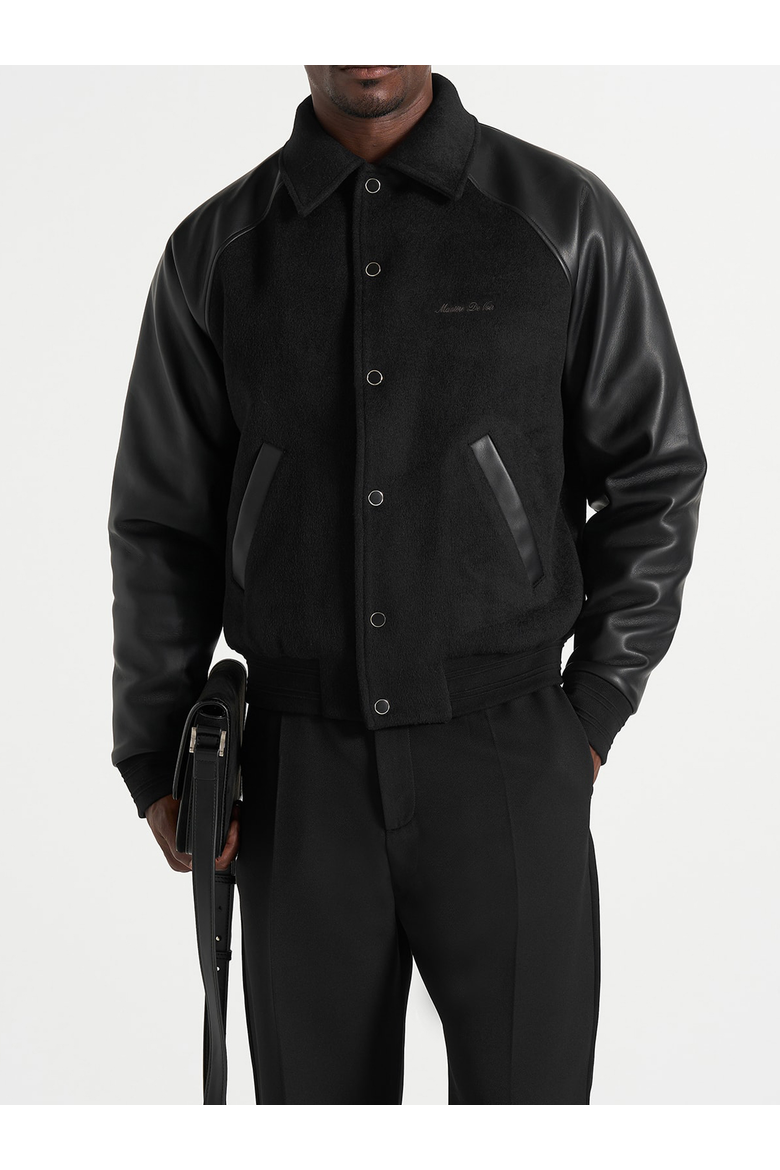 Olivier Wool & Leather Raglan Varsity Jacket, Main, color, Black