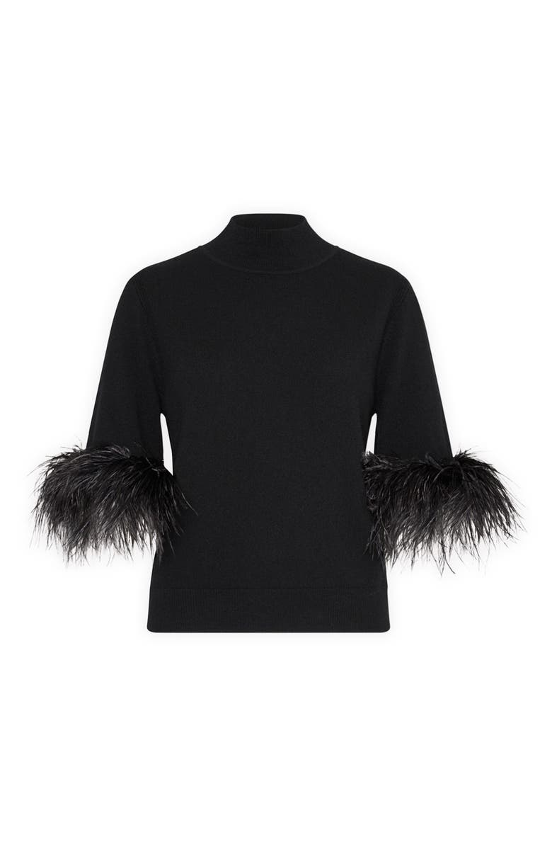 Milly Feather Detail Mock Neck Sweater, Alternate, color, Black