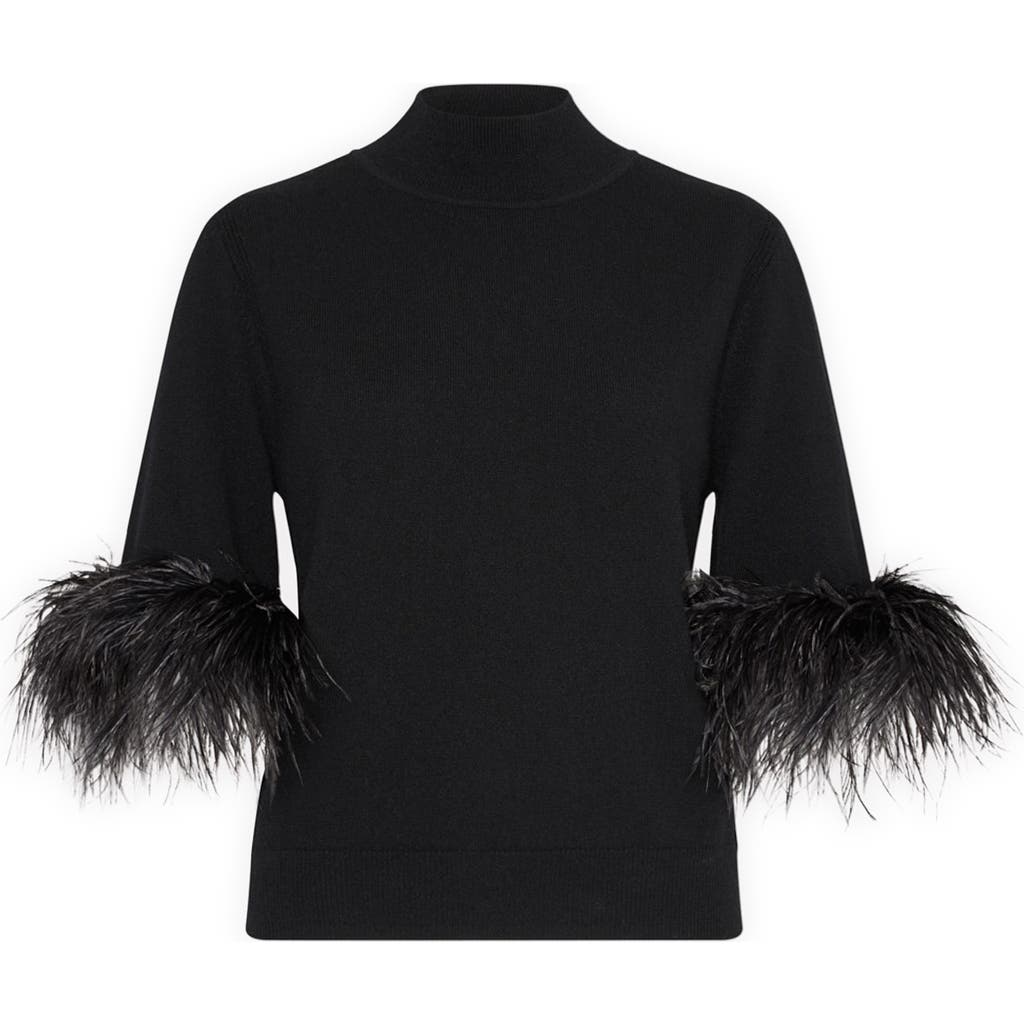 Milly Feather Detail Mock Neck Sweater In Black