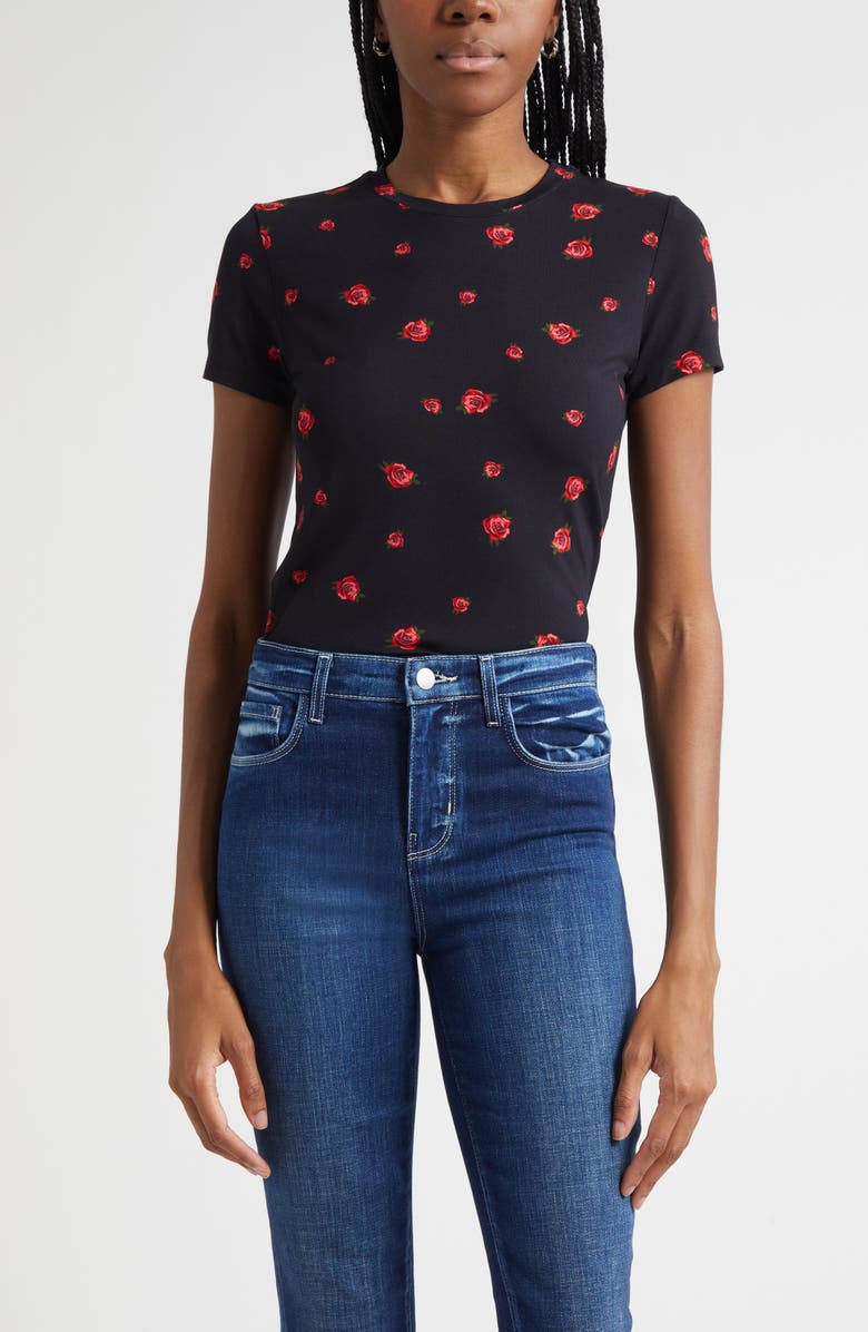 L'AGENCE Ressi Rose Print T-Shirt, Main, color, Black/ Red Rose Emb