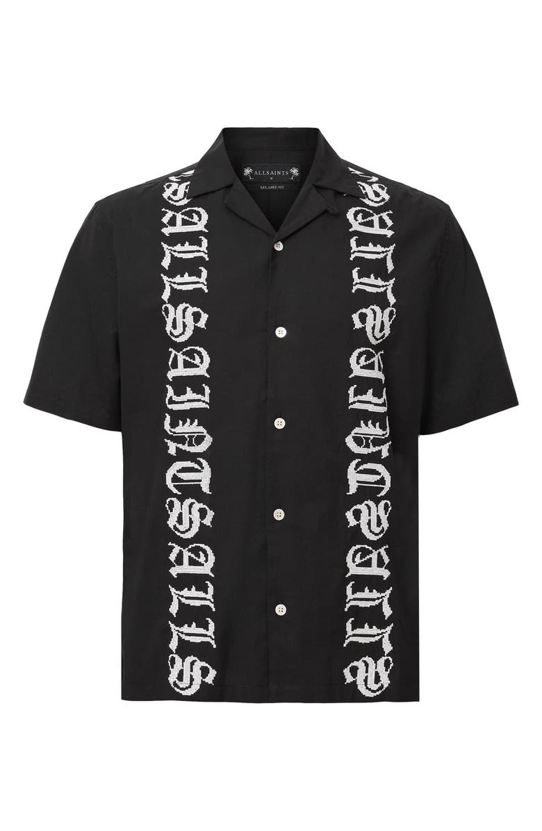 AllSaints Scripture Embroidered Short Sleeve Cotton Button-Up Shirt, Alternate, color, Faded Black