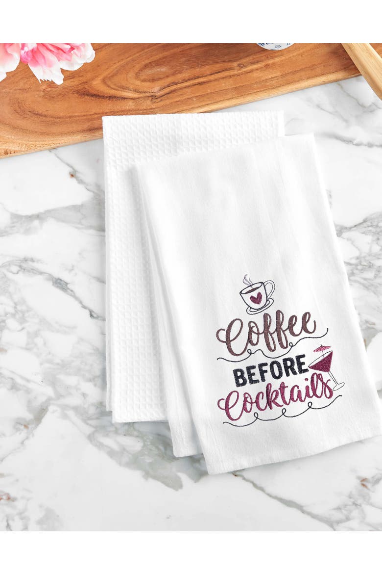 Coffee Before Cocktails Embroidered Cotton Flour Sack Kitchen Towel, Alternate, color, White
