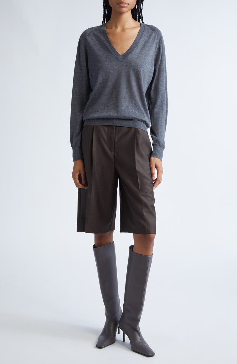 LOULOU DE SAISON Adler Pleated Virgin Wool Bermuda Shorts, Alternate, color, Grizzly