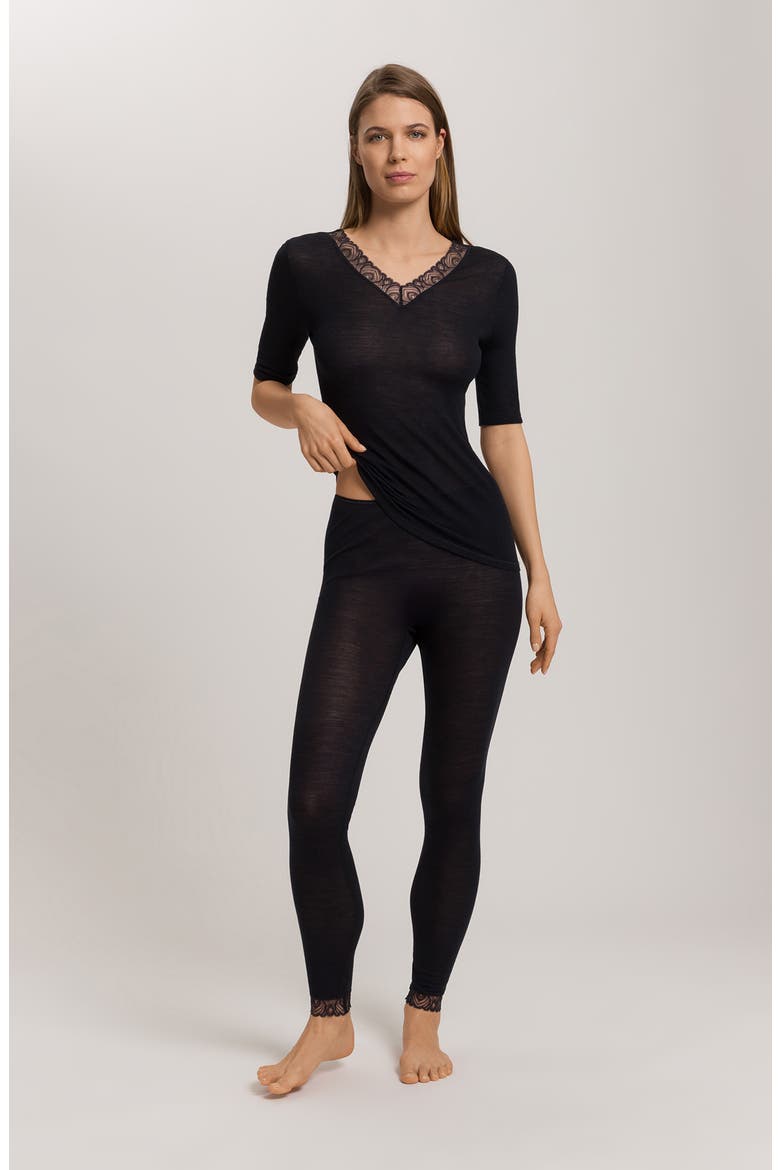 Lace Trim Merino Wool & Silk Rib Leggings, Alternate, color, BLACK