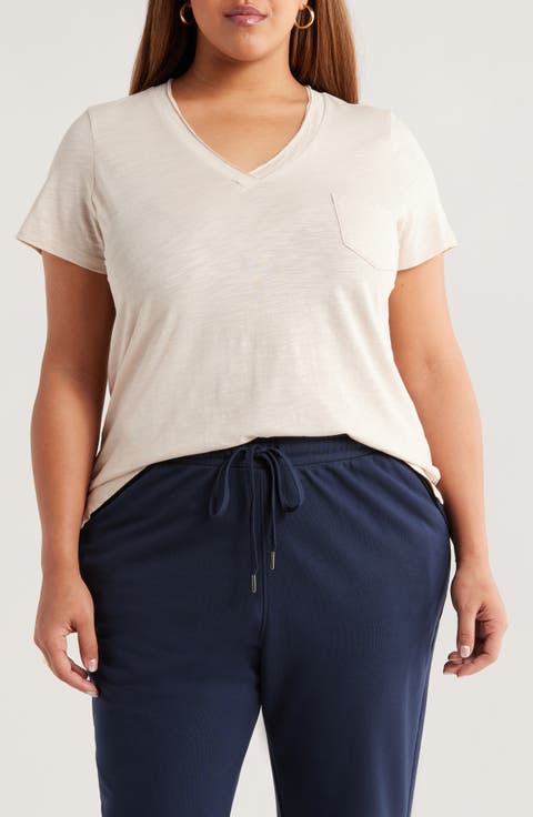 Short Sleeve Cotton & Modal V-Neck Pocket T-Shirt (Plus)