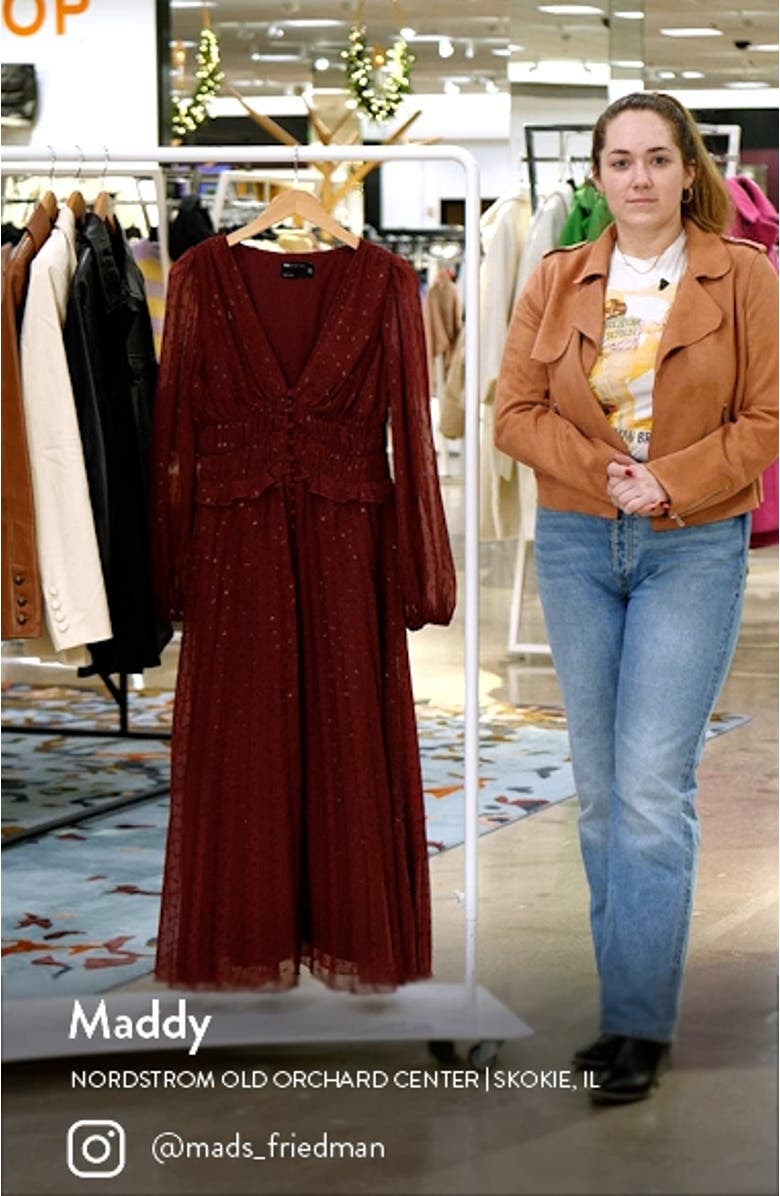 Pleated Long Sleeve Clip Dot Chiffon Dress, sales video thumbnail