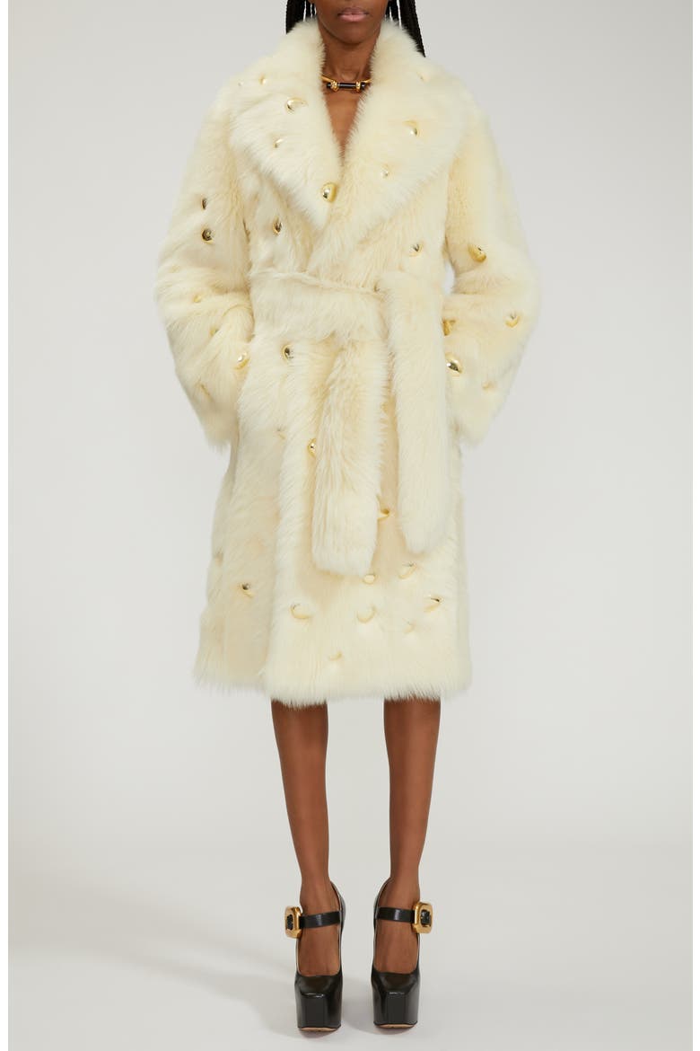Studded Genuine Shearling Wrap Coat, Alternate, color, CAMOMILE