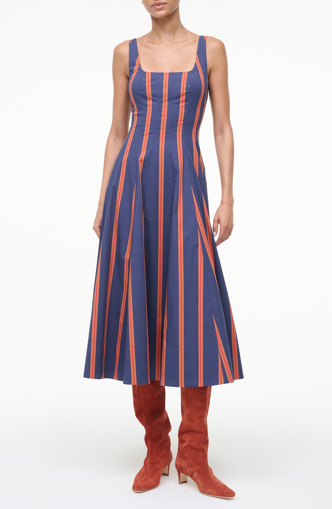 STAUD Wells Stripe Stretch Cotton Fit & Flare Midi Dress