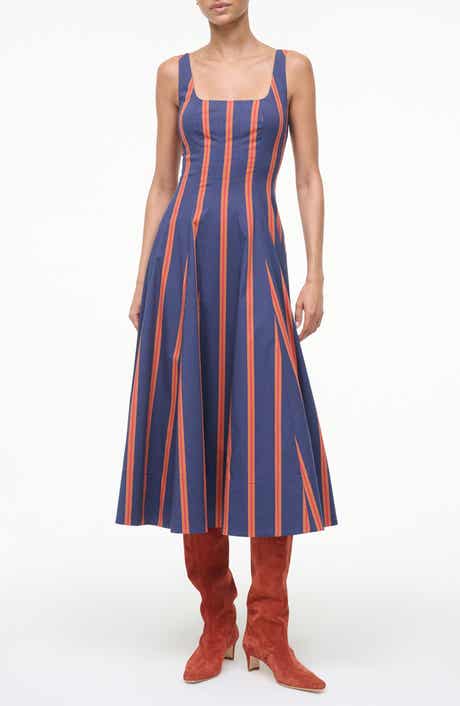 STAUD Wells Stripe Stretch Cotton Fit & Flare Midi Dress