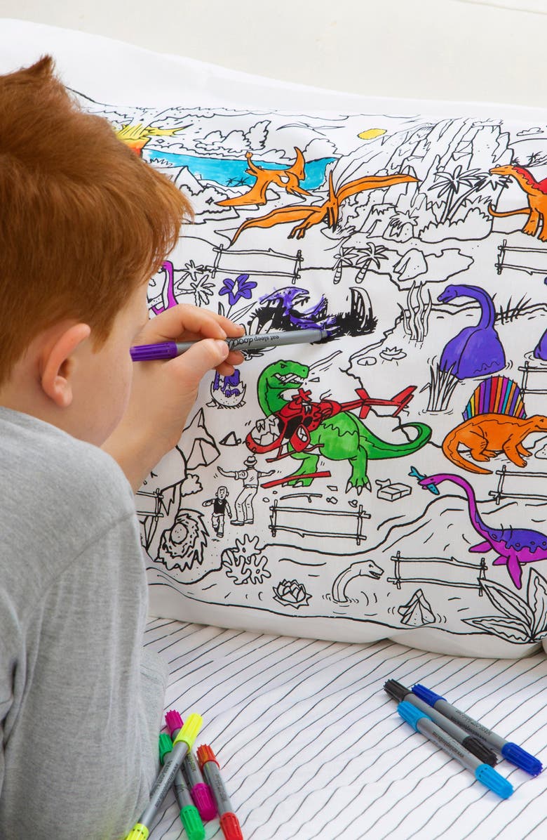 Eat Sleep Doodle Color Your Own Dinosaur Pillowcase, Alternate, color, White