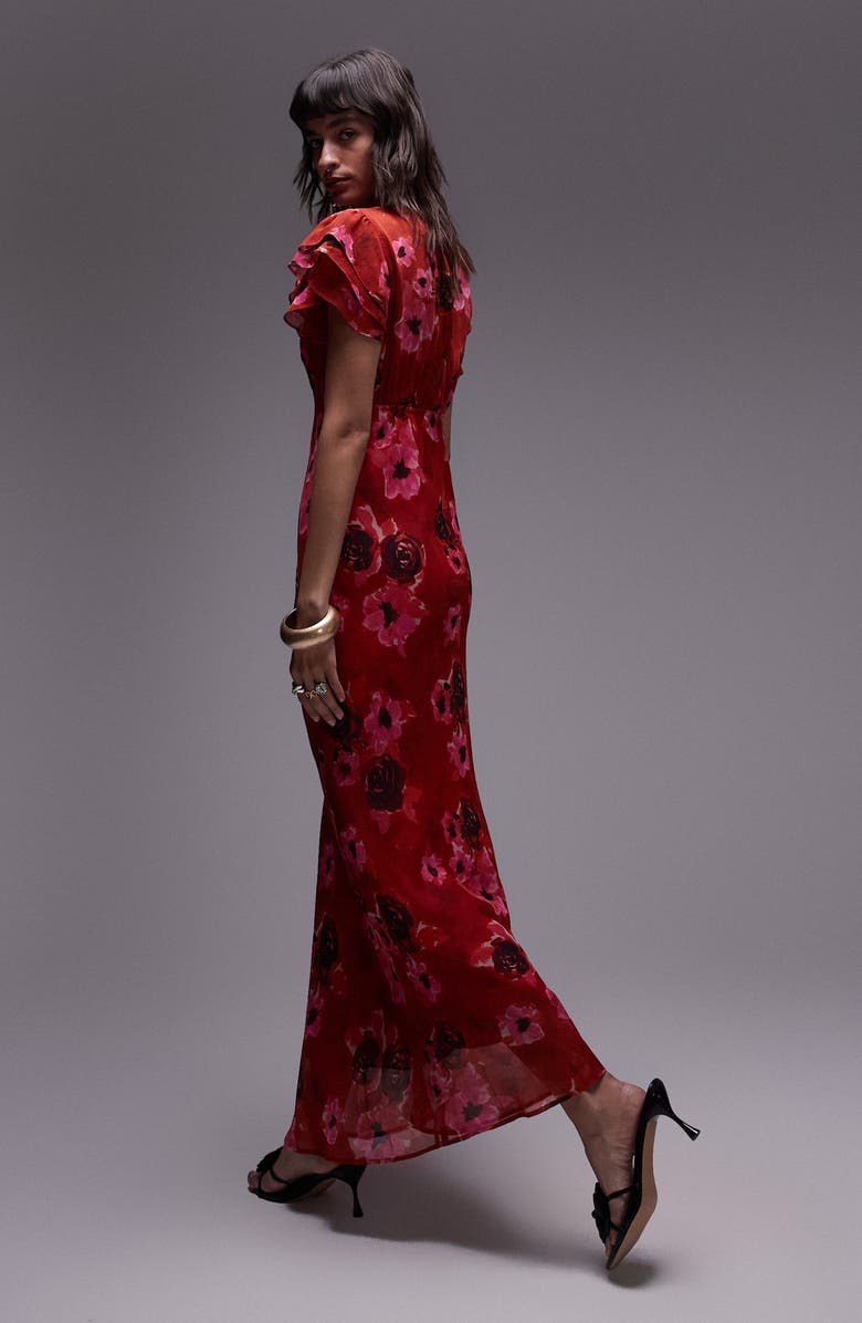 Topshop Floral Flutter Sleeve Maxi Dress, Alternate, color, 
