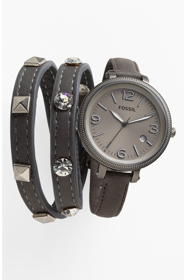 Leather Wrap Bracelet, Alternate, color, GREY/ SILVER