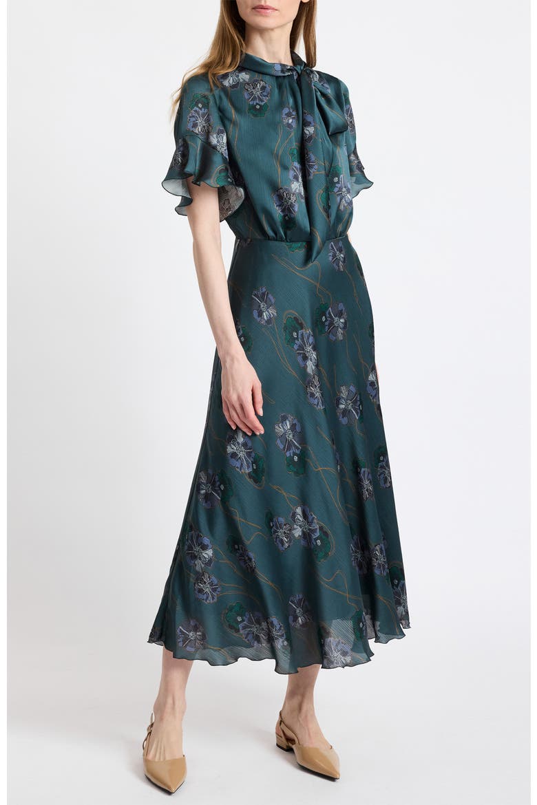 Sabrina Short Sleeve Tie Neck Midi Dress, Alternate, color, Steel Teal