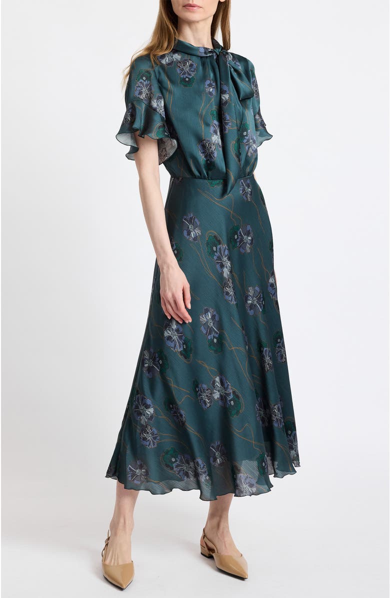 Santorelli Sabrina Short Sleeve Tie Neck Midi Dress, Alternate, color, Steel Teal