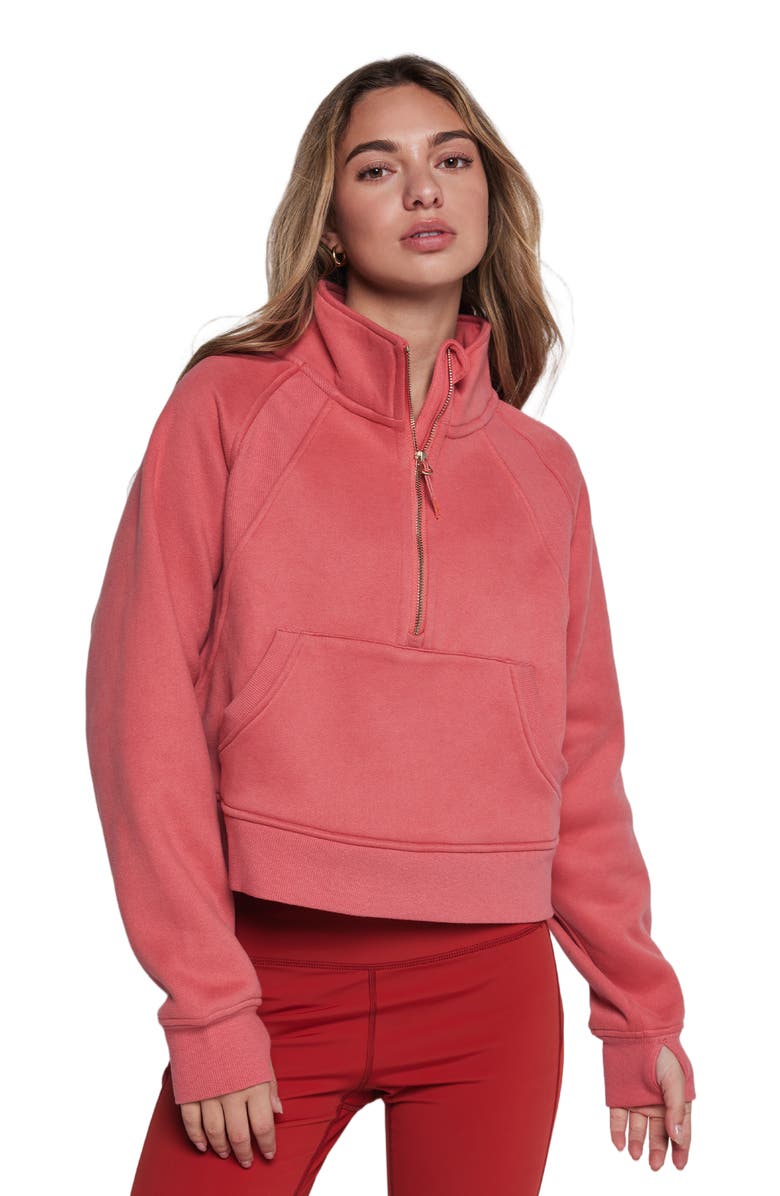 Rebody Active Effortless Fleece Crop Half Zip Sweatshirt, Main, color, Goji Berry