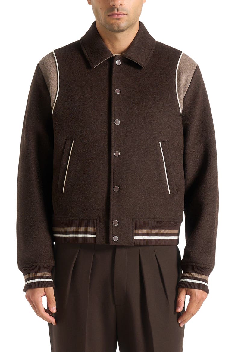 Nico Contrast Wool Varsity Jacket, Alternate, color, Brown