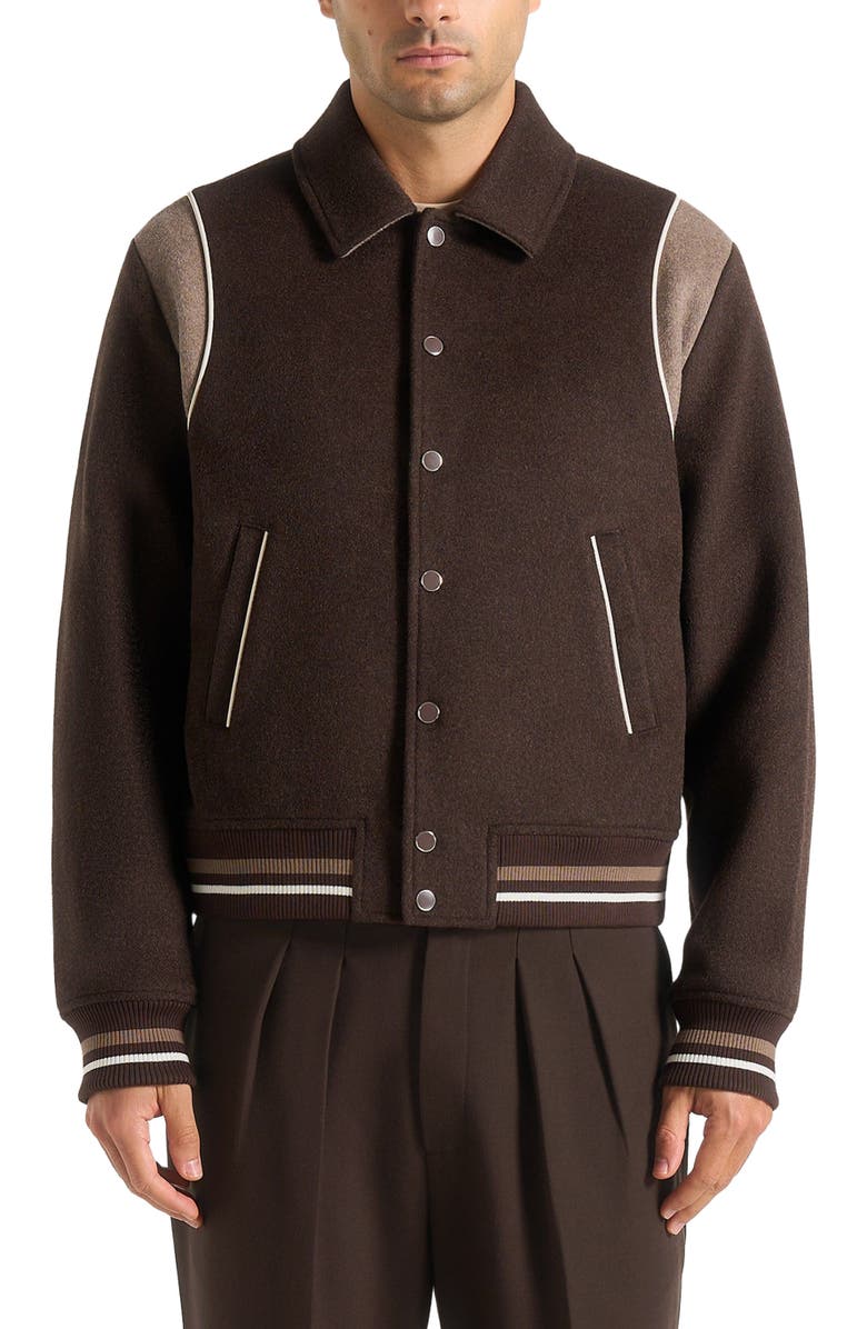 Manière De Voir Nico Contrast Wool Varsity Jacket, Alternate, color, Brown