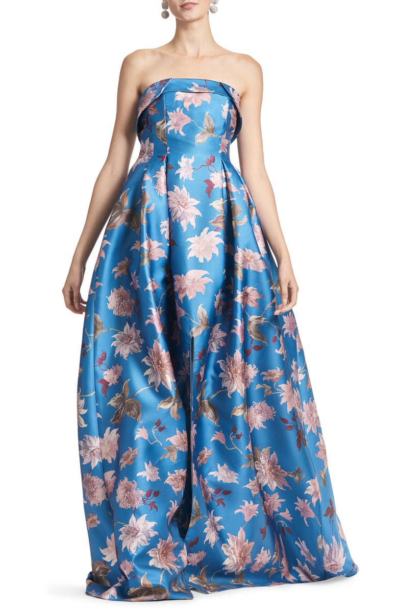 Sachin & Babi Floral Print Belted Strapless Satin Gown, Alternate, color, 