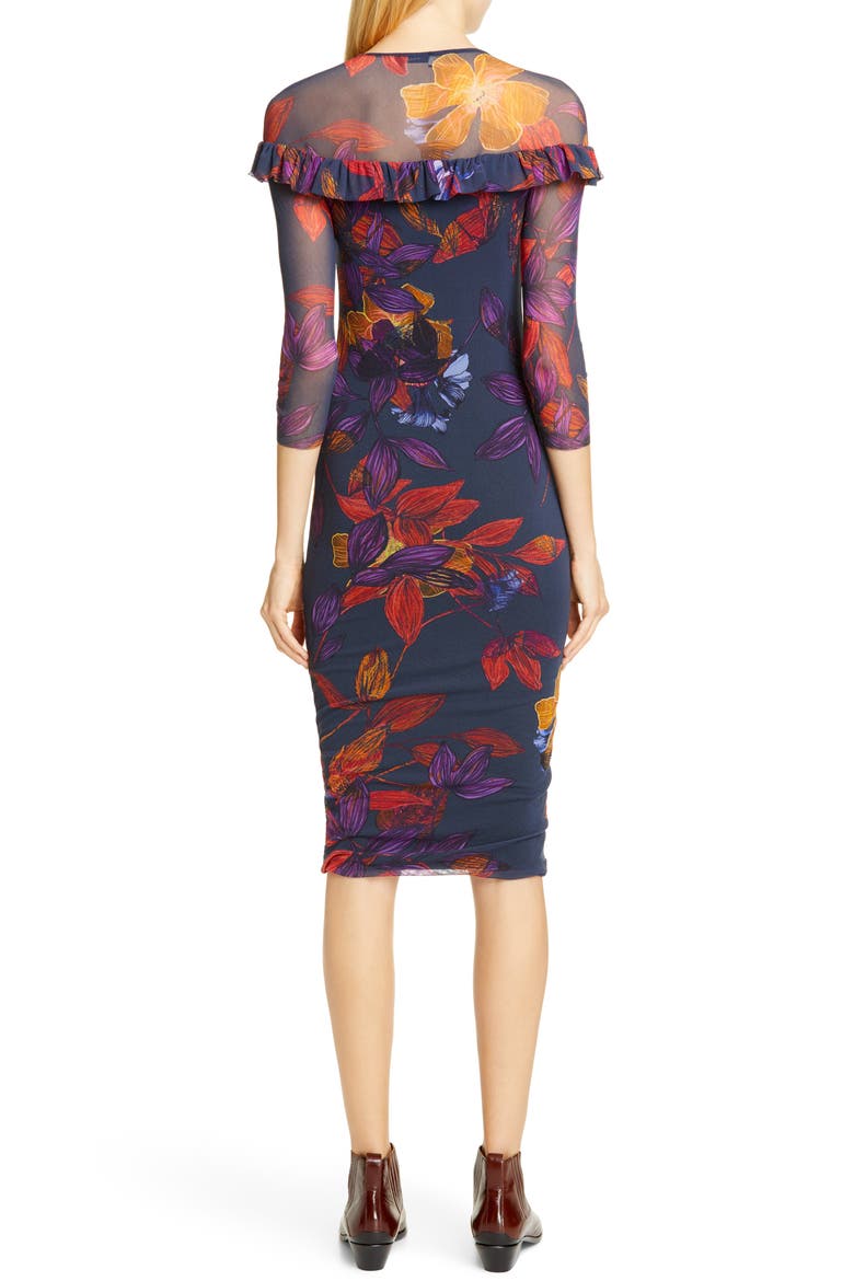 Floral Ruffle Trim Sheer Sleeve Dress, Alternate, color, AVIO
