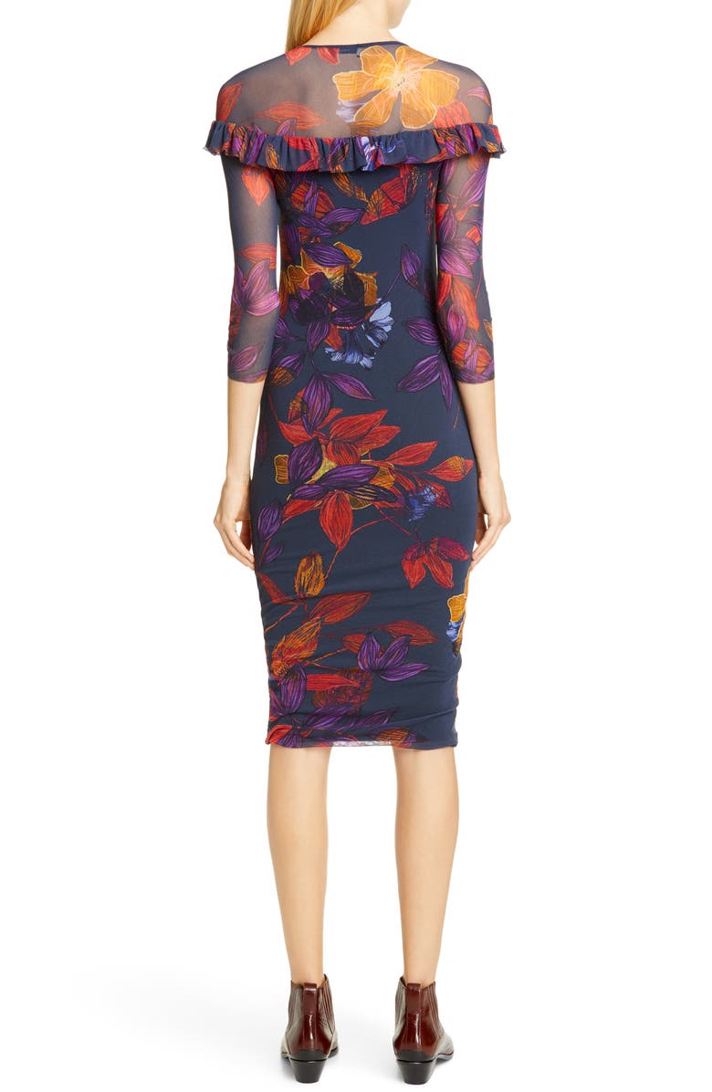 Fuzzi Floral Ruffle Trim Sheer Sleeve Dress, Alternate, color,